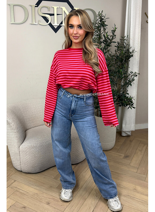 PINK/RED - 'LEONI TEE' - STRIPED LONG SLEEVE TEE