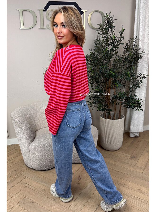 PINK/RED - 'LEONI TEE' - STRIPED LONG SLEEVE TEE