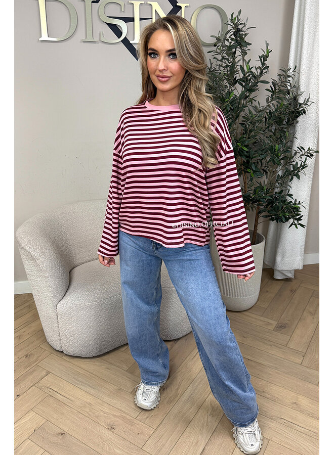 PINK/BORDEAUX - 'LEONI TEE' - STRIPED LONG SLEEVE TEE