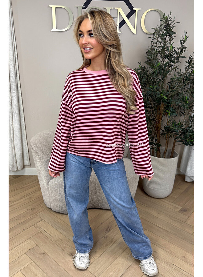 PINK/BORDEAUX - 'LEONI TEE' - STRIPED LONG SLEEVE TEE