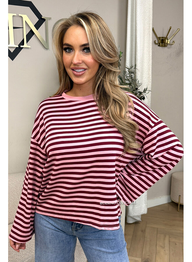 PINK/BORDEAUX - 'LEONI TEE' - STRIPED LONG SLEEVE TEE
