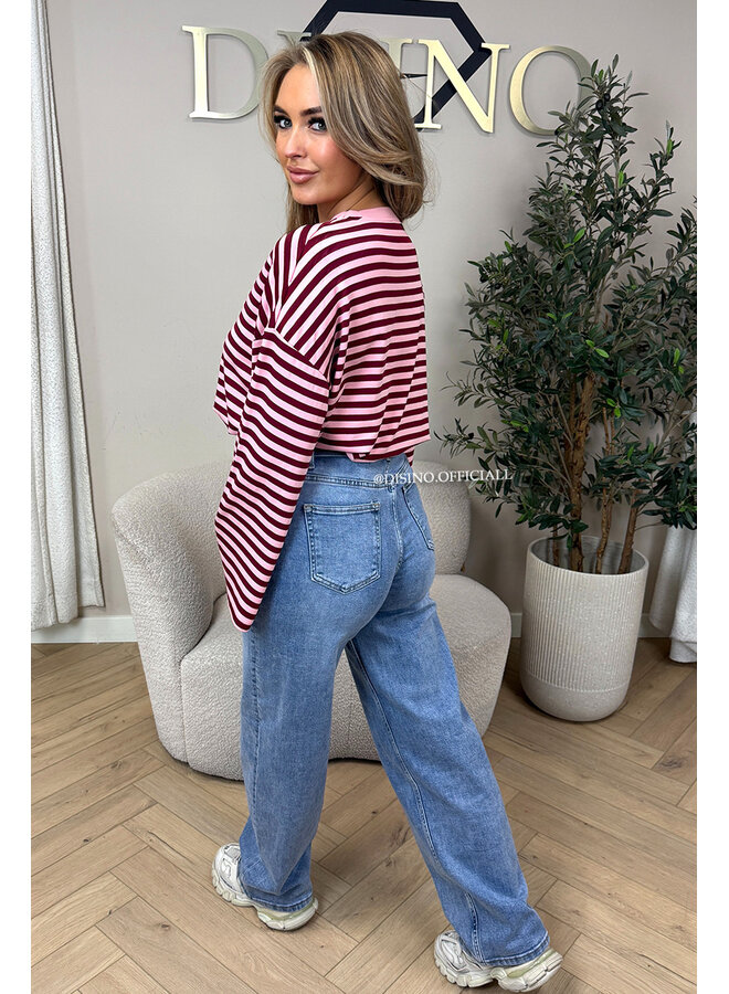 PINK/BORDEAUX - 'LEONI TEE' - STRIPED LONG SLEEVE TEE