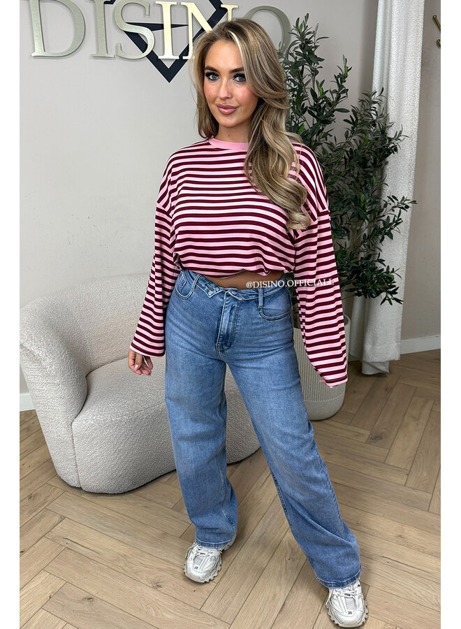 PINK/BORDEAUX - 'LEONI TEE' - STRIPED LONG SLEEVE TEE