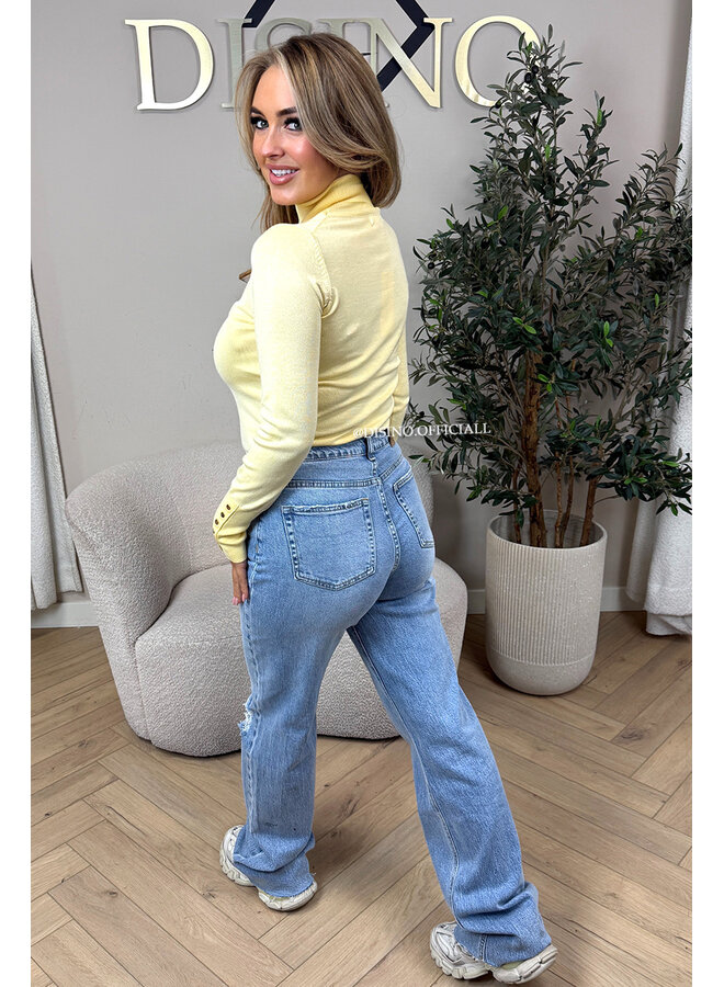 YELLOW - 'LIZA COL' - PREMIUM SOFT GOLD BUTTON SLEEVE TOP