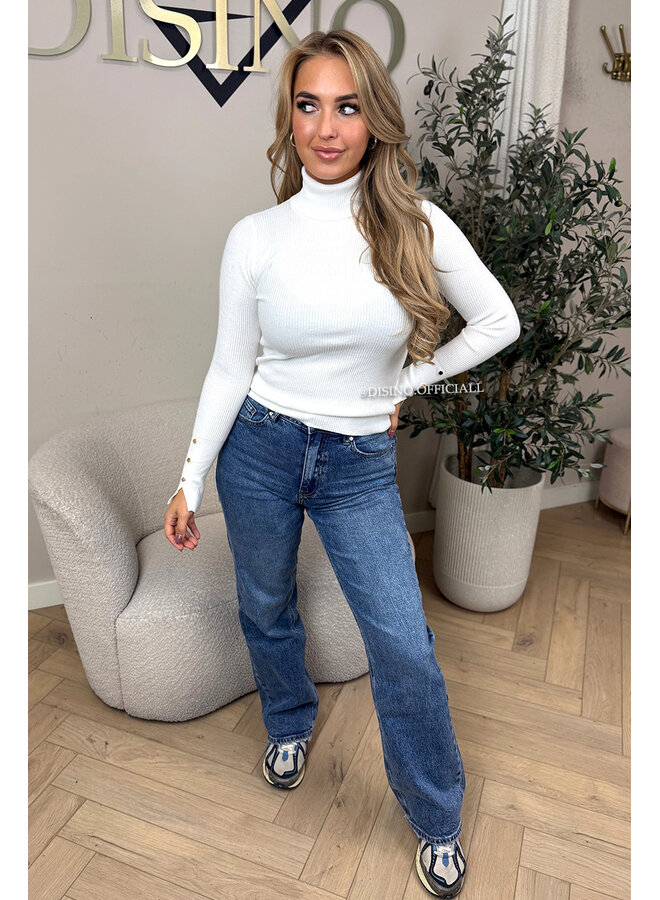 WHITE - 'LIZA COL' - PREMIUM SOFT GOLD BUTTON SLEEVE TOP