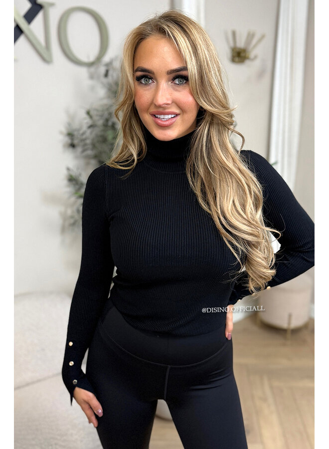 BLACK - 'LIZA COL' - PREMIUM SOFT GOLD BUTTON SLEEVE TOP