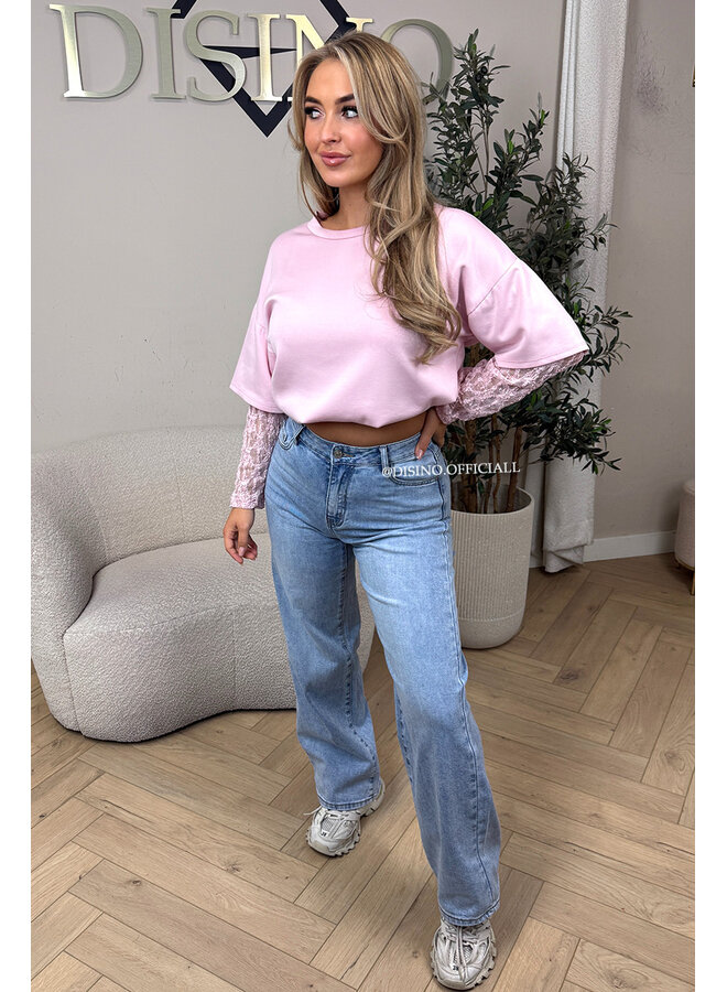 PINK - 'ESMEY TEE' - LACE SLEEVES OVERSIZED TEE