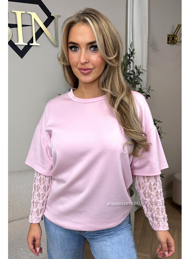 PINK - 'ESMEY TEE' - LACE SLEEVES OVERSIZED TEE