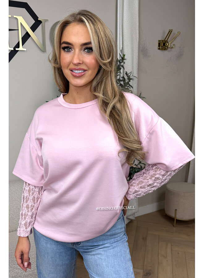 PINK - 'ESMEY TEE' - LACE SLEEVES OVERSIZED TEE