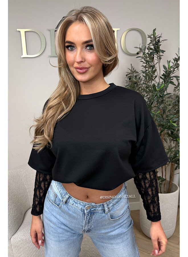 BLACK - 'ESMEY TEE' - LACE SLEEVES OVERSIZED TEE