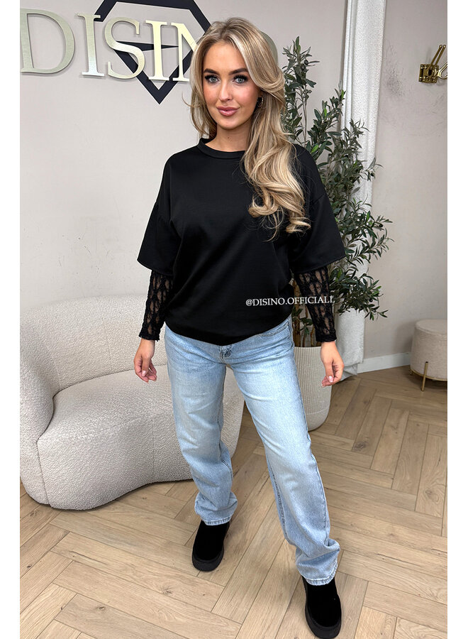 BLACK - 'ESMEY TEE' - LACE SLEEVES OVERSIZED TEE