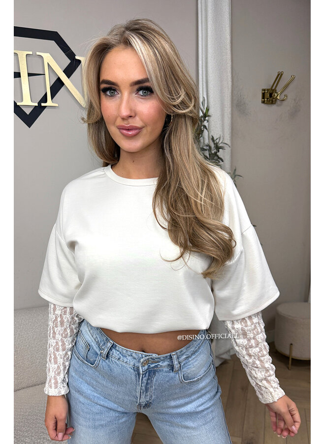 BEIGE - 'ESMEY TEE' - LACE SLEEVES OVERSIZED TEE