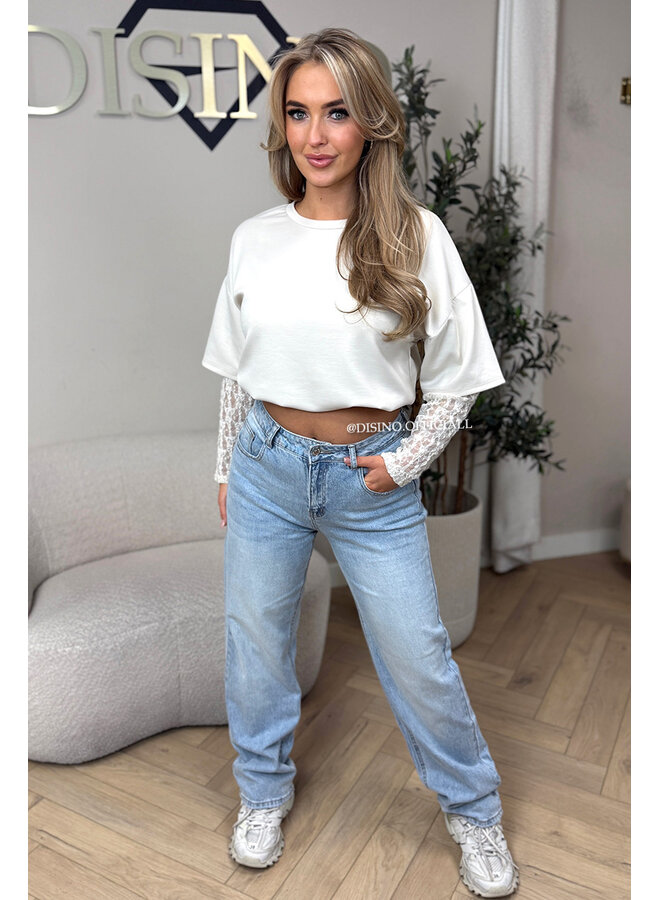 BEIGE - 'ESMEY TEE' - LACE SLEEVES OVERSIZED TEE