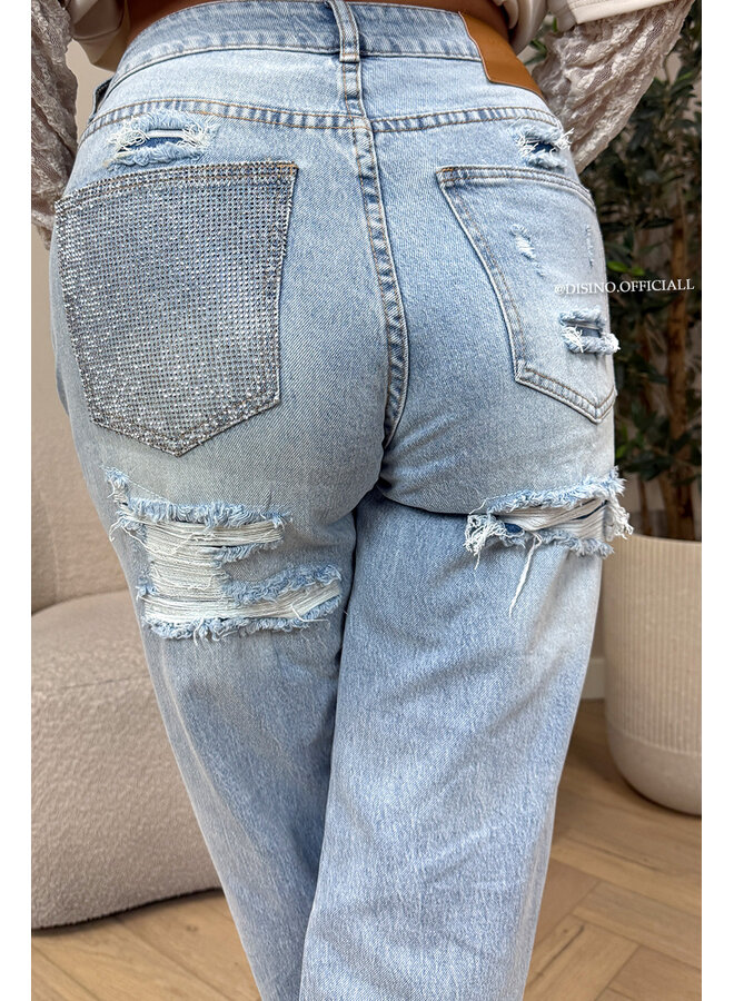 LIGHT BLUE - 'SYDNEY JEANS' - STRETCH VIRAL RIPPED BACK STRAIGHT LEG JEANS