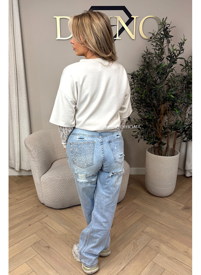 LIGHT BLUE - 'SYDNEY JEANS' - STRETCH VIRAL RIPPED BACK STRAIGHT LEG JEANS