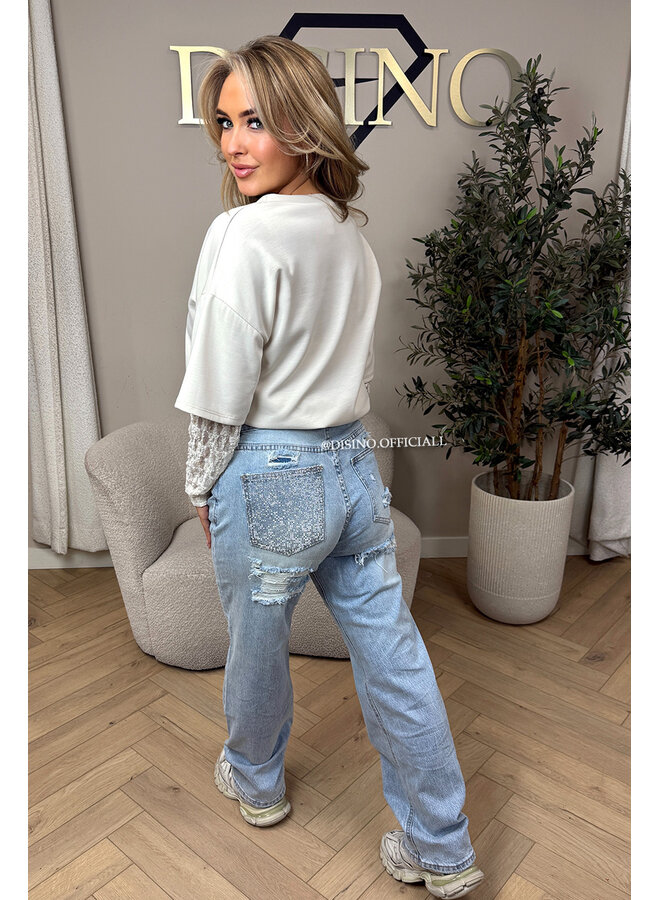 LIGHT BLUE - 'SYDNEY JEANS' - STRETCH VIRAL RIPPED BACK STRAIGHT LEG JEANS