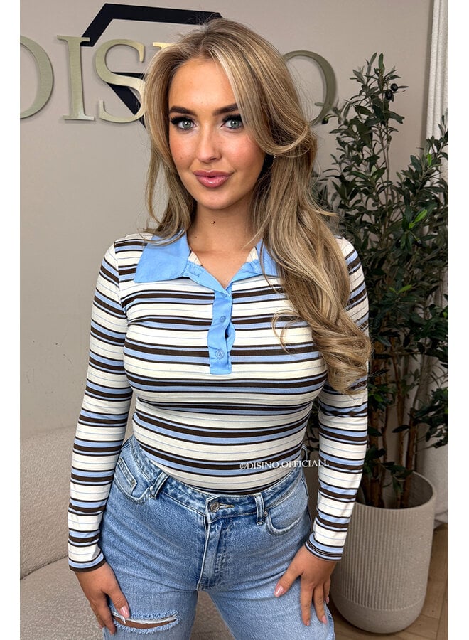 LIGHT BLUE - 'LOTTE BODY' - STRIPED POLO BODYSUIT