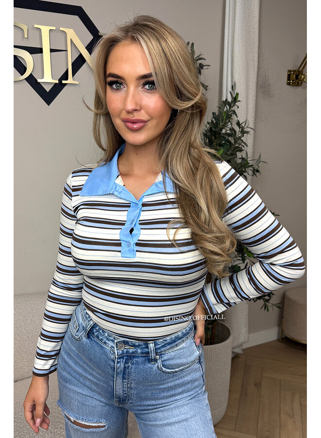 LIGHT BLUE - 'LOTTE BODY' - STRIPED POLO BODYSUIT