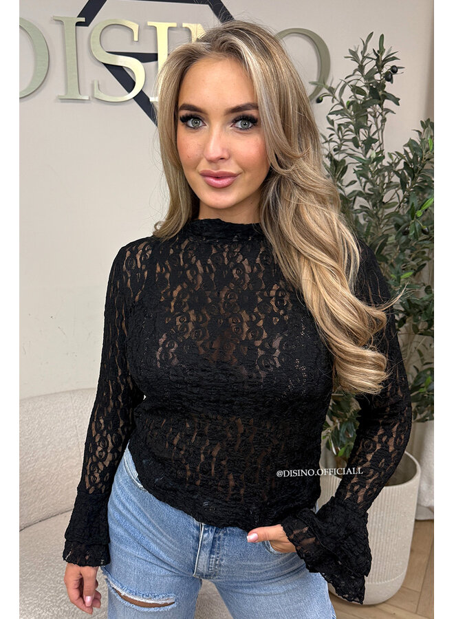 BLACK - 'SARAH TOP' - RUFFLE SLEEVE LACE TOP