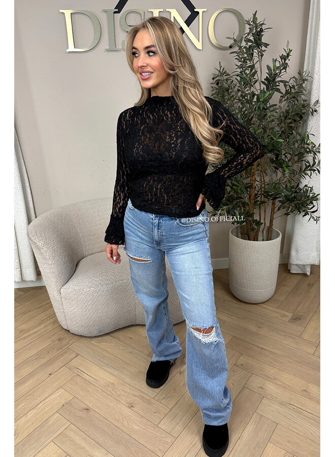 BLACK - 'SARAH TOP' - RUFFLE SLEEVE LACE TOP