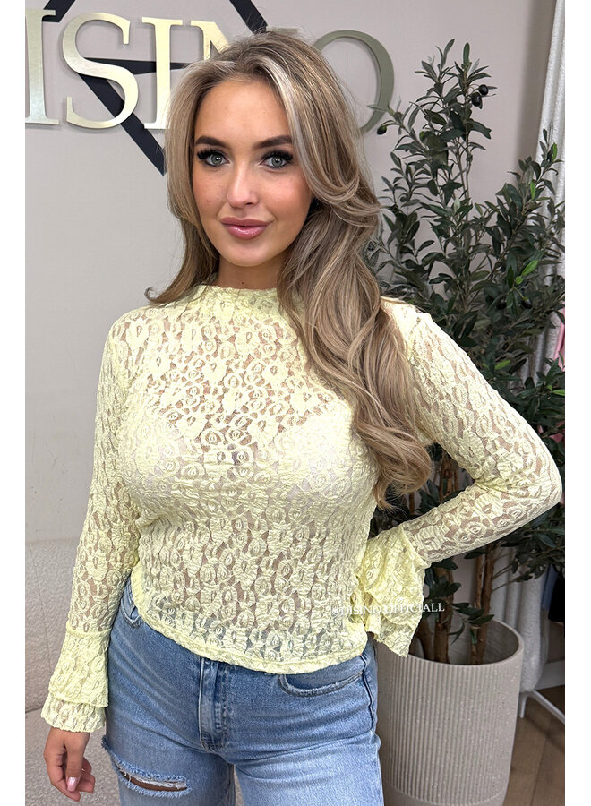 YELLOW - 'SARAH TOP' - RUFFLE SLEEVE LACE TOP