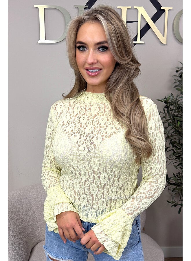 YELLOW - 'SARAH TOP' - RUFFLE SLEEVE LACE TOP