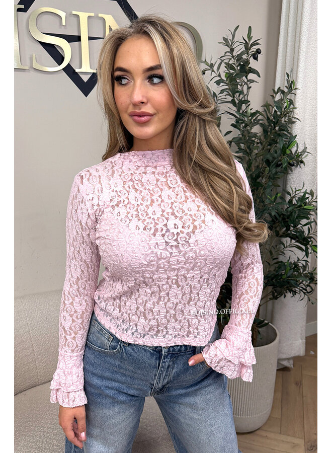PINK - 'SARAH TOP' - RUFFLE SLEEVE LACE TOP
