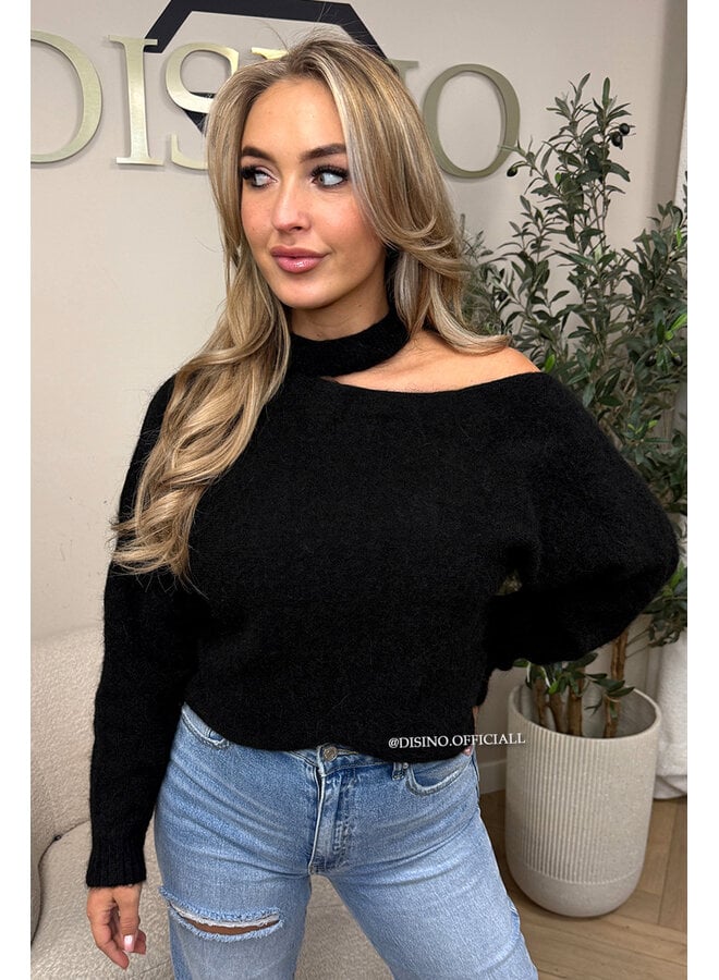 BLACK - 'SANDRA KNIT' - SOFT OPEN SHOULDER KNITTED SWEATER
