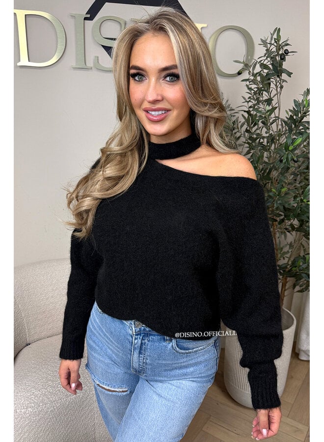 BLACK - 'SANDRA KNIT' - SOFT OPEN SHOULDER KNITTED SWEATER