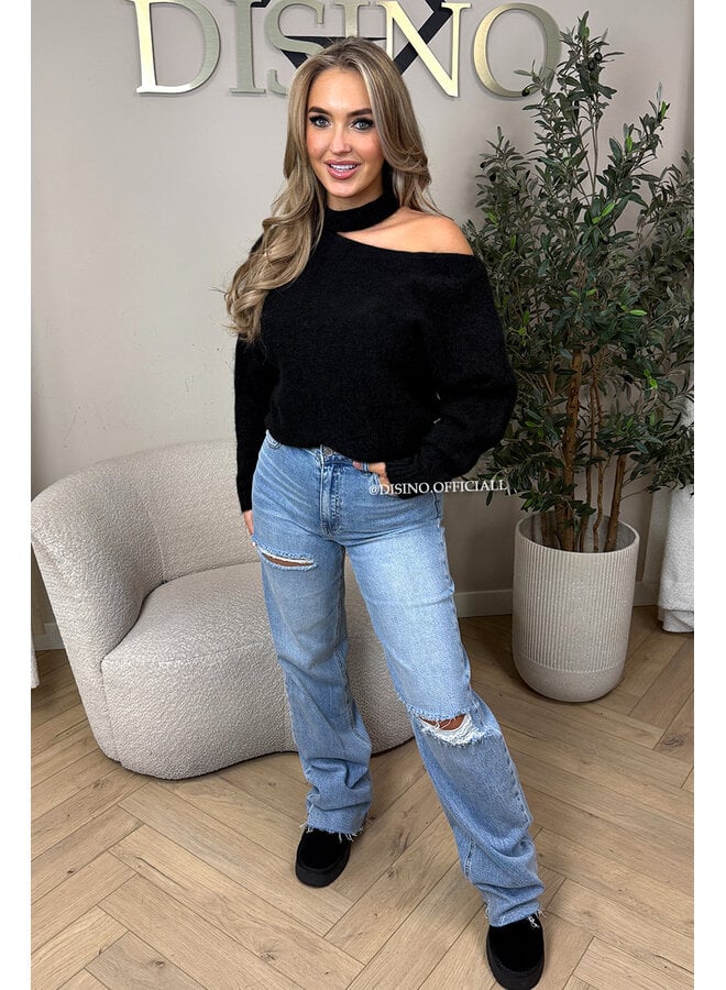 BLACK - 'SANDRA KNIT' - SOFT OPEN SHOULDER KNITTED SWEATER