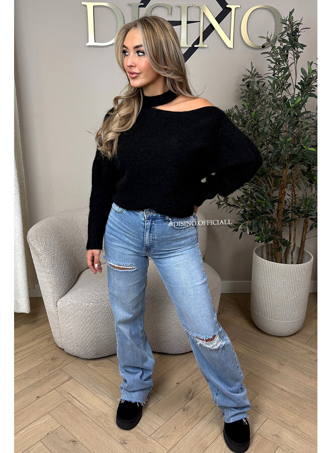 BLACK - 'SANDRA KNIT' - SOFT OPEN SHOULDER KNITTED SWEATER