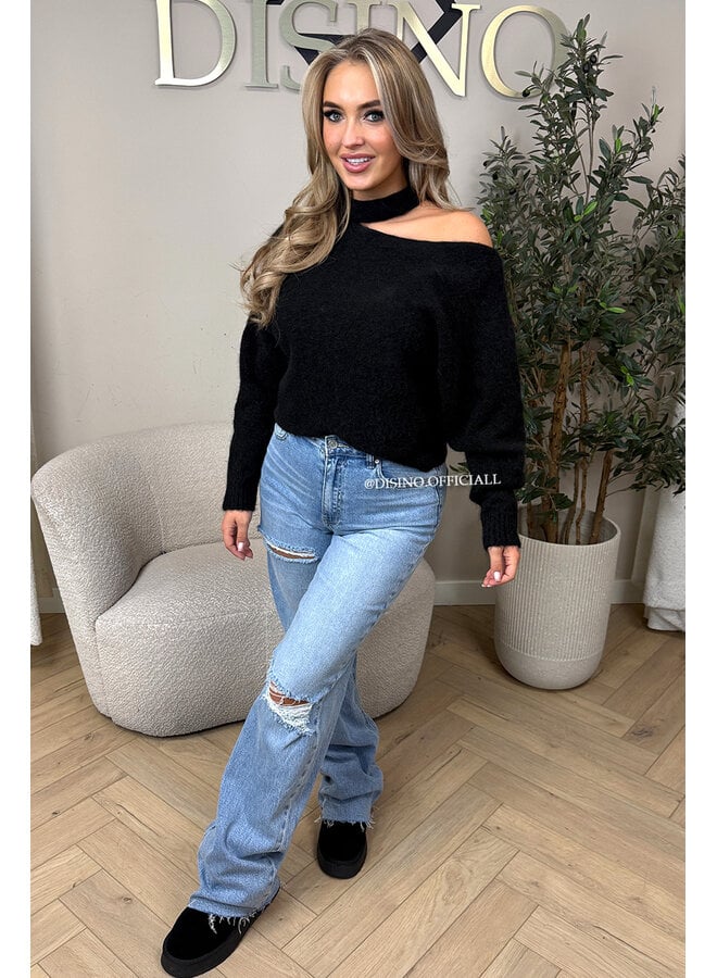 BLACK - 'SANDRA KNIT' - SOFT OPEN SHOULDER KNITTED SWEATER