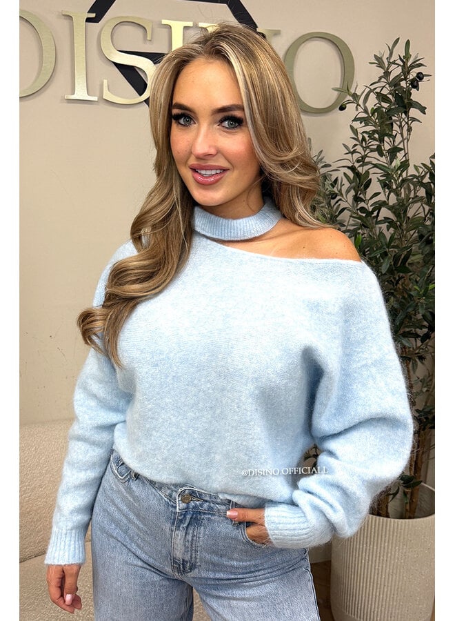 LIGHT BLUE - 'SANDRA KNIT' - SOFT OPEN SHOULDER KNITTED SWEATER