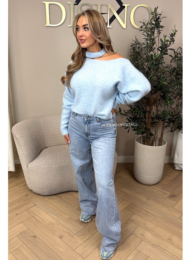 LIGHT BLUE - 'SANDRA KNIT' - SOFT OPEN SHOULDER KNITTED SWEATER