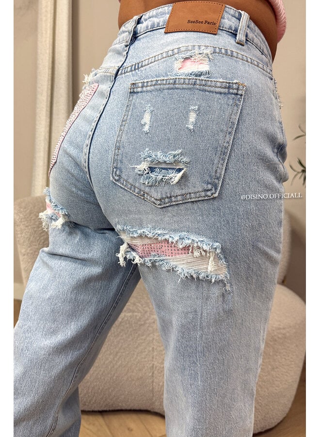 PINK - 'SYDNEY RHINESTONE' - STRETCH VIRAL RIPPED BACK STRAIGHT LEG JEANS