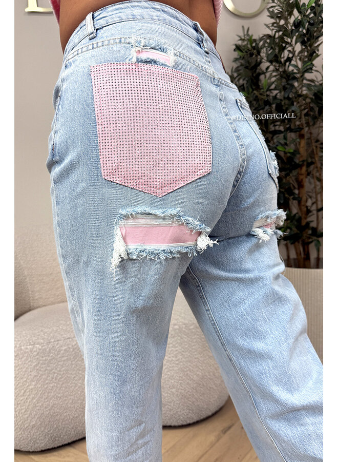 PINK - 'SYDNEY RHINESTONE' - STRETCH VIRAL RIPPED BACK STRAIGHT LEG JEANS
