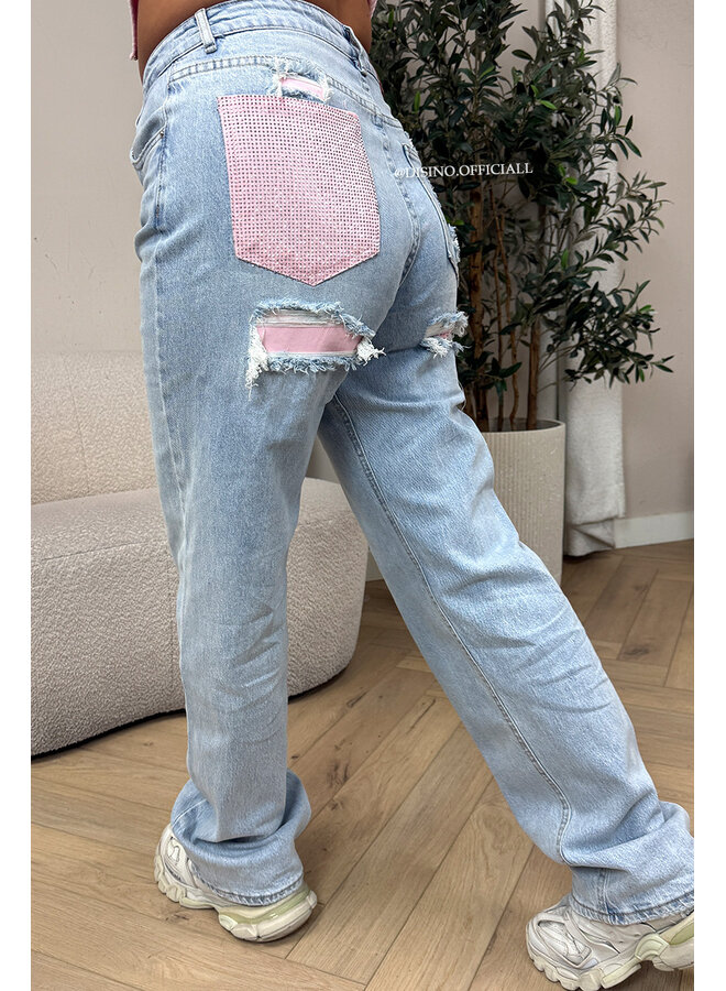 PINK - 'SYDNEY RHINESTONE' - STRETCH VIRAL RIPPED BACK STRAIGHT LEG JEANS