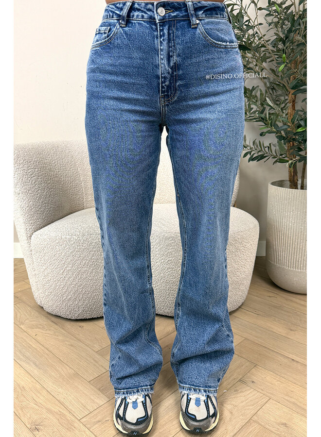 DARK BLUE - 'BERLIN' - STRETCH VIRAL RIPPED WIDE LEG JEANS