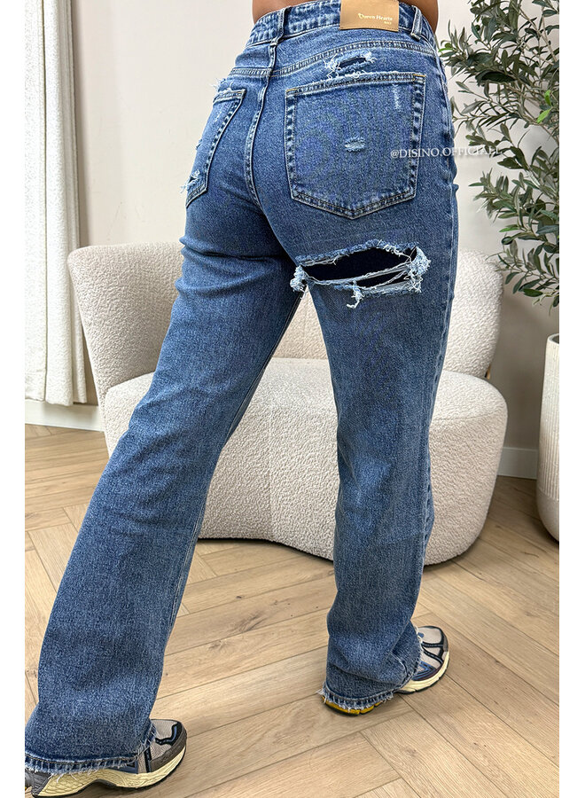 DARK BLUE - 'BERLIN' - STRETCH VIRAL RIPPED WIDE LEG JEANS
