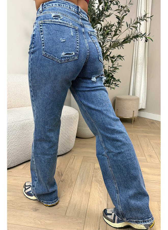DARK BLUE - 'BERLIN' - STRETCH VIRAL RIPPED WIDE LEG JEANS