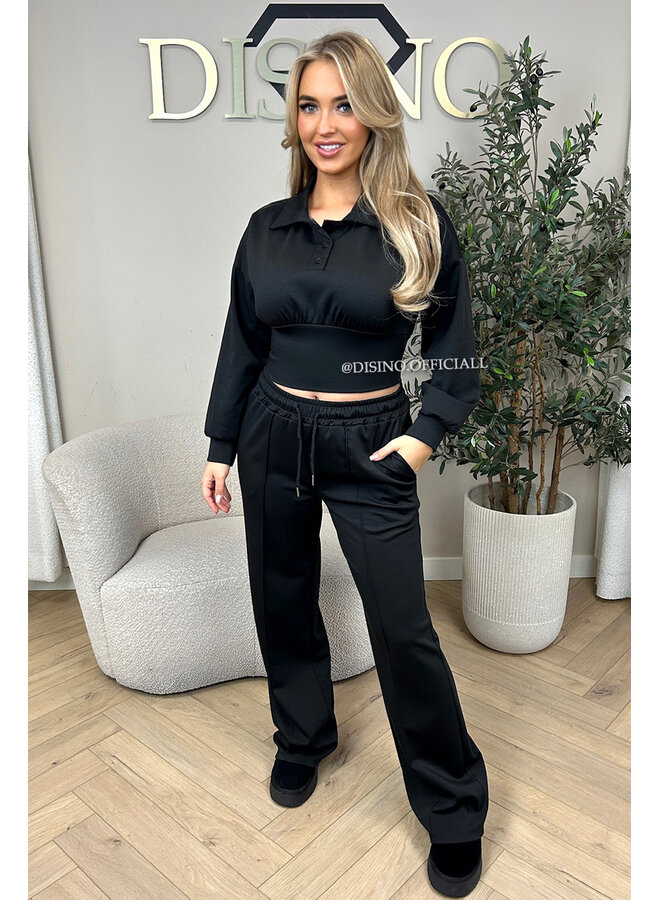 BLACK - 'ALIDA SET' - CROPPED POLO TOP + JOGGER SET