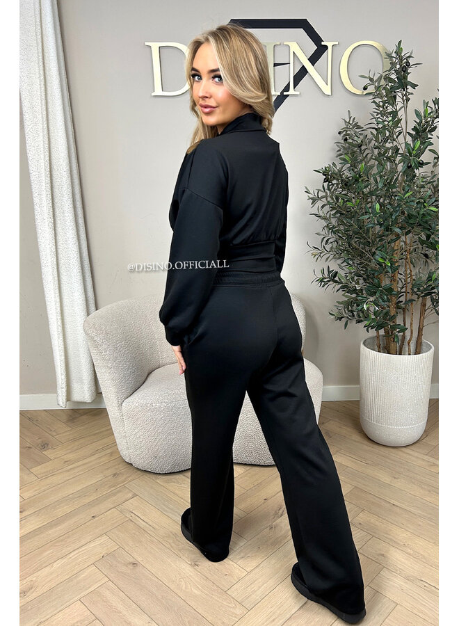 BLACK - 'ALIDA SET' - CROPPED POLO TOP + JOGGER SET