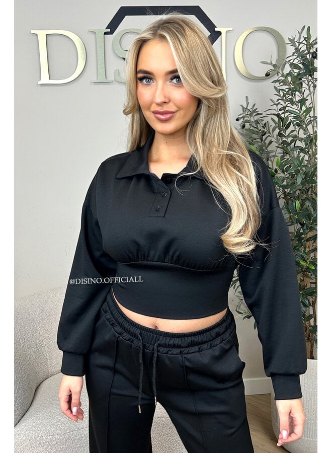 BLACK - 'ALIDA SET' - CROPPED POLO TOP + JOGGER SET
