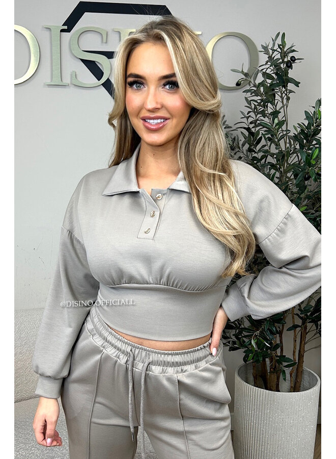 TAUPE - 'ALIDA SET' - CROPPED POLO TOP + JOGGER SET