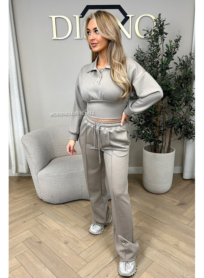 TAUPE - 'ALIDA SET' - CROPPED POLO TOP + JOGGER SET