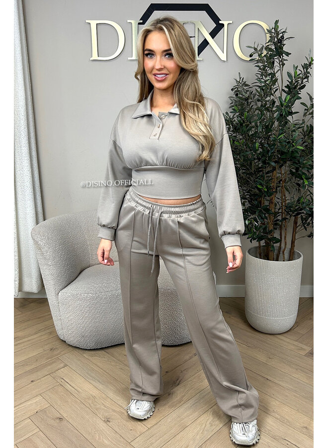 TAUPE - 'ALIDA SET' - CROPPED POLO TOP + JOGGER SET