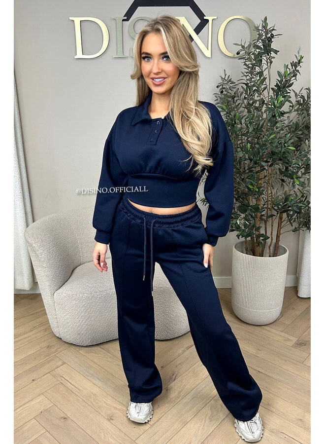 NAVY BLUE - 'ALIDA SET' - CROPPED POLO TOP + JOGGER SET