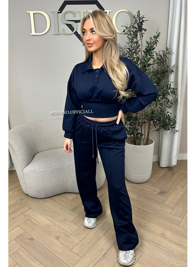 NAVY BLUE - 'ALIDA SET' - CROPPED POLO TOP + JOGGER SET