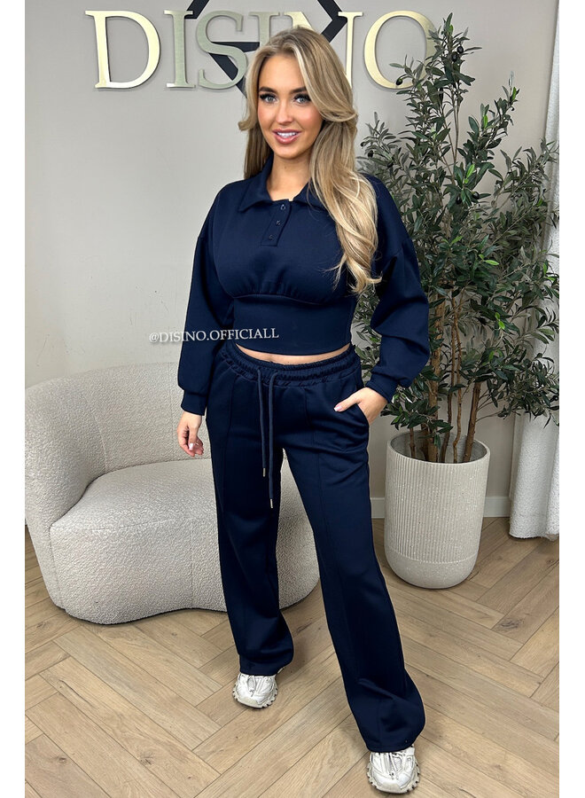 NAVY BLUE - 'ALIDA SET' - CROPPED POLO TOP + JOGGER SET