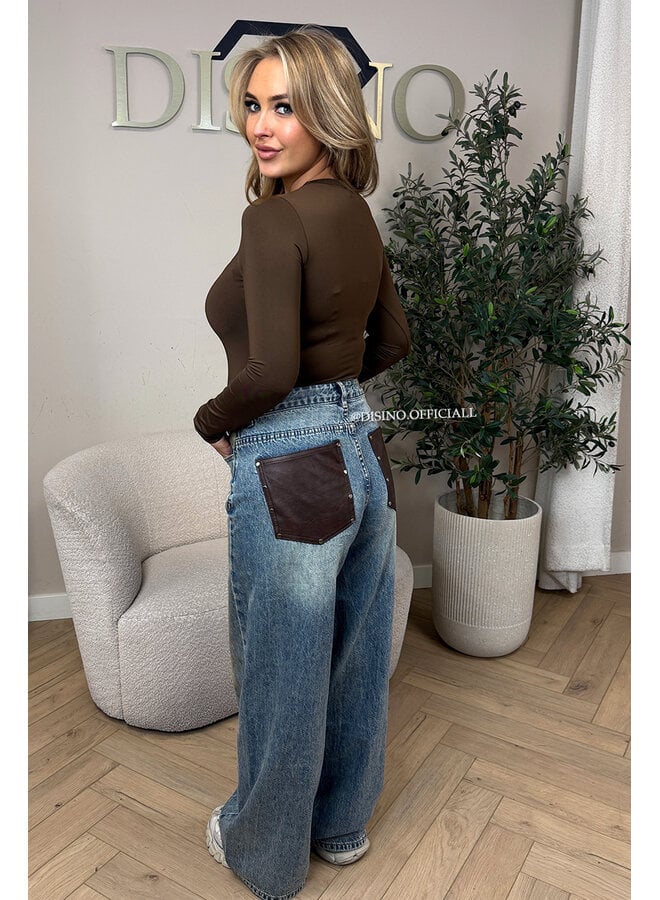 DIRTY BLUE - 'LEATHER POCKET JEANS' - VIRAL LEATHER POCKET BAGGY JEANS - NO STRETCH